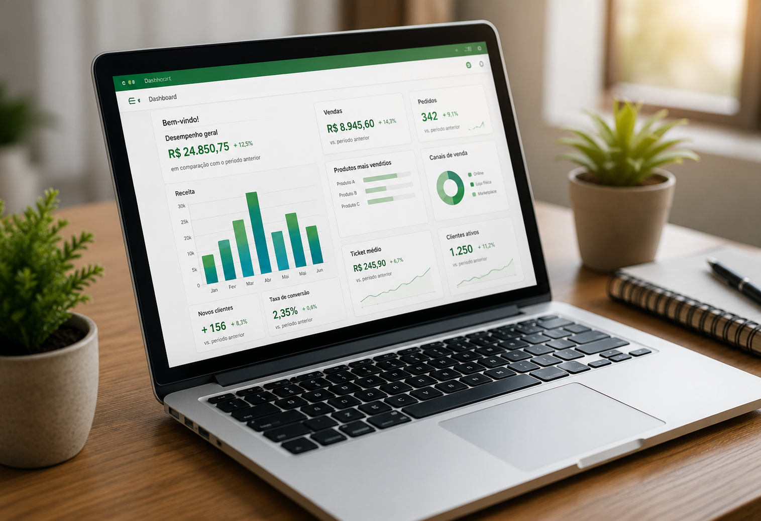 Notebook com dashboard clim&aacute;tico e indicadores ESG